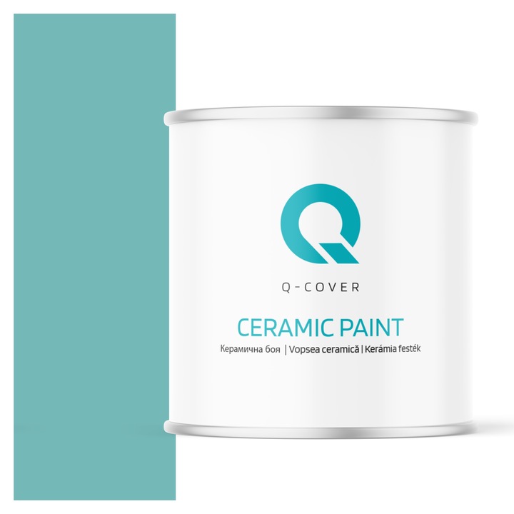 Vopsea ceramica, Q-Cover, Turcoaz H1441, pentru interior, pe baza de apa, galeti de fier, usor de aplicat, rezistent la frecare, elimina reflexiile luminii, sigura pentru persoanele alergice, fara miros, tixotropa, Mat, 2L