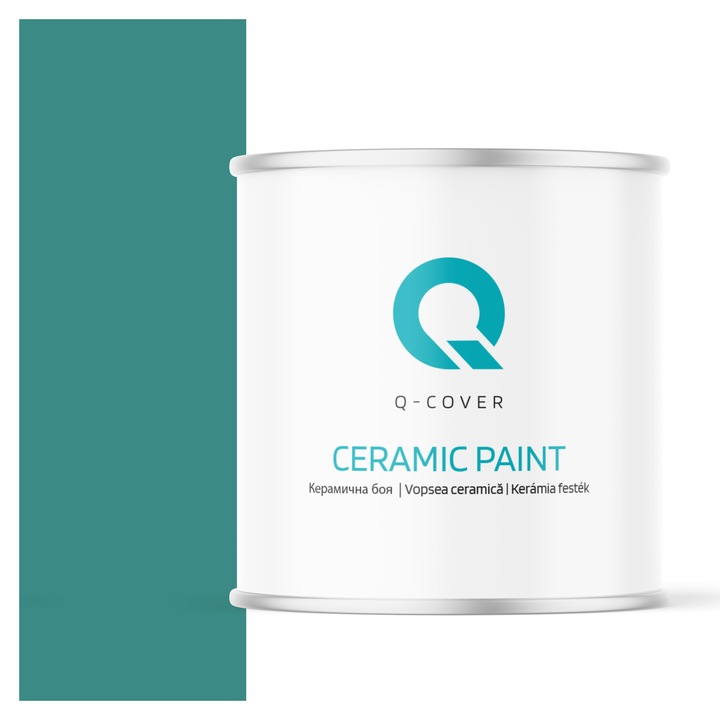Vopsea ceramica, Q-Cover, Turcoaz inchis H1421, pentru interior, pe baza de apa, galeti de fier, usor de aplicat, rezistent la frecare, elimina reflexiile luminii, sigura pentru persoanele alergice, fara miros, tixotropa, Mat, 2L