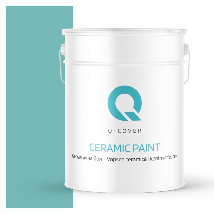 Vopsea ceramica, Q-Cover, Turcoaz H1441, pentru interior, pe baza de apa, galeti de fier, usor de aplicat, rezistent la frecare, elimina reflexiile luminii, sigura pentru persoanele alergice, fara miros, tixotropa, Mat, 10L