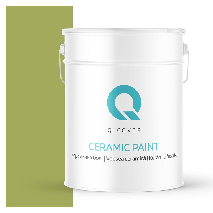 Vopsea ceramica, Q-Cover, Verde ocru inchis H2437, pentru interior, pe baza de apa, galeti de fier, usor de aplicat, rezistent la frecare, elimina reflexiile luminii, sigura pentru persoanele alergice, fara miros, tixotropa, Mat, 10L