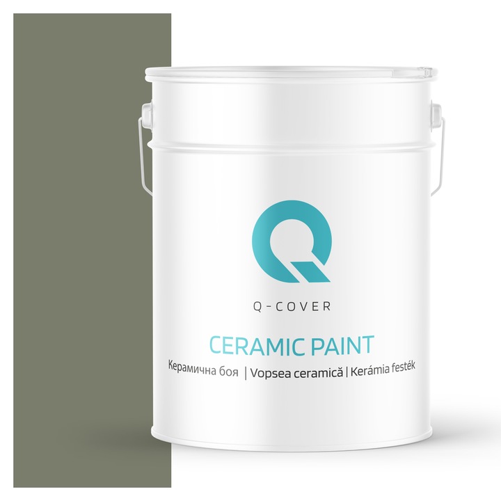 Vopsea ceramica, Q-Cover, Kaki inchis H1720, pentru interior, pe baza de apa, galeti de fier, usor de aplicat, rezistent la frecare, elimina reflexiile luminii, sigura pentru persoanele alergice, fara miros, tixotropa, Mat, 10L