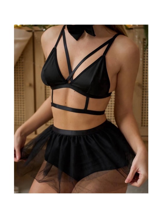 Szexi Playboy Nyuszi Jelmez, Női Szett Melltartóval, Tüll Szoknyával, Fülekkel és Csokornyakkendővel, Szerepjátékkal - Válaszd Ki a Kedvenc Színed, Fekete