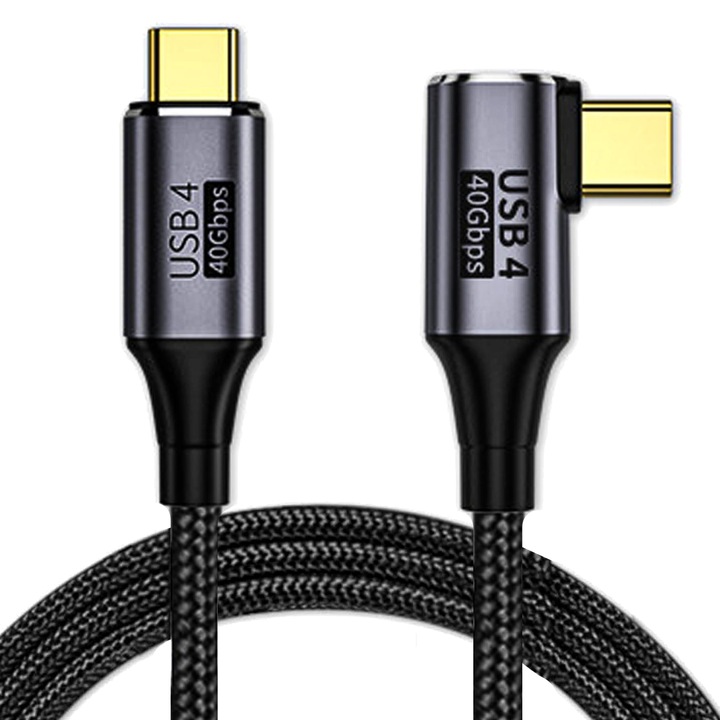 Adat- és gyorstöltő kábel, Timebox, USB4, 100 W, 40 Gbps, 90°-os szög, Type-C – Type-C, 8K, 4K, 60Hz, 1,2 m