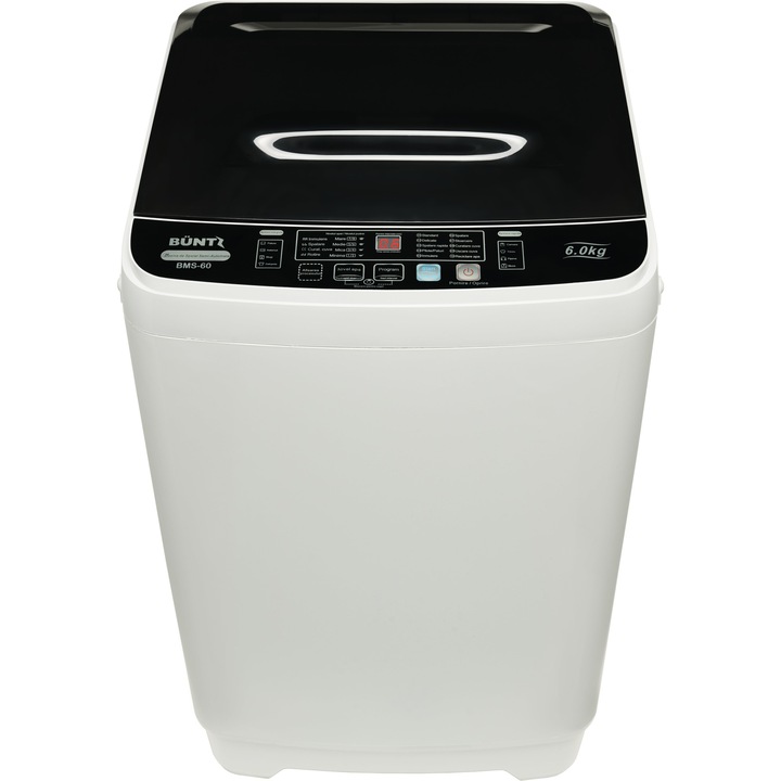 Félautomata mosógép, rozsdamentes acélkád, Büntz BMS-60, 6 kg, 10 mosási program, LED kijelző, 700 RPM, 310 W, beépített gyümölcscentrifuga, szürke