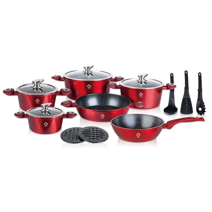 Set oale din Aluminiu CasaShop®, 15 Piese, cu capace din sticla termorezistenta si ustensile, oale la 1.2l, 4.3l, 2.3l, 6.2l, tigaie 2.10l, cratita joasa 3.2l, Rosu