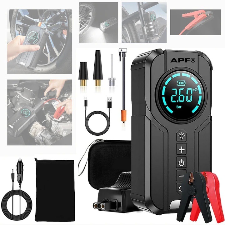 Starter/Compresor Auto Portabil APF® 150PSI, pentru motoare 5L benzina sau 3L diesel, curent max 1000A, lanterna, powerbank USB, redresor auto, clesti smart, Baterie 6000mAh, Afisaj LED, Lumini SOS
