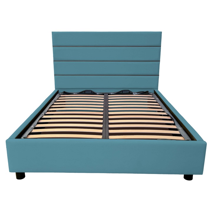 Pat tapitat Grace cu picioare, spatiu de depozitare si somiera rabatabila, albastru deschis 73, 180x200 cm