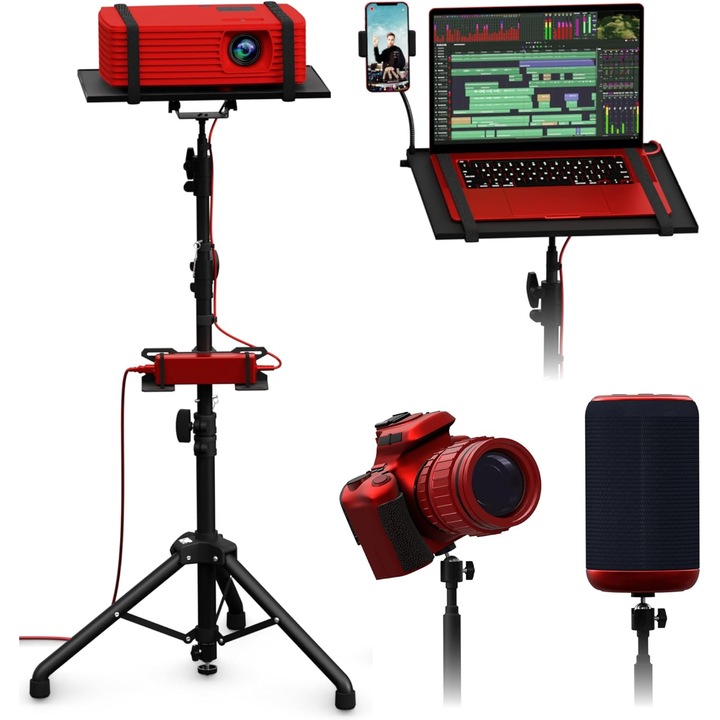 Suport videoproiector/laptop, stand cu inaltime reglabila 66-150 cm, functie trepied, cu cap bila rotativ 360°, tavita pliabila, 6 kg greutate suportata, multifunctional