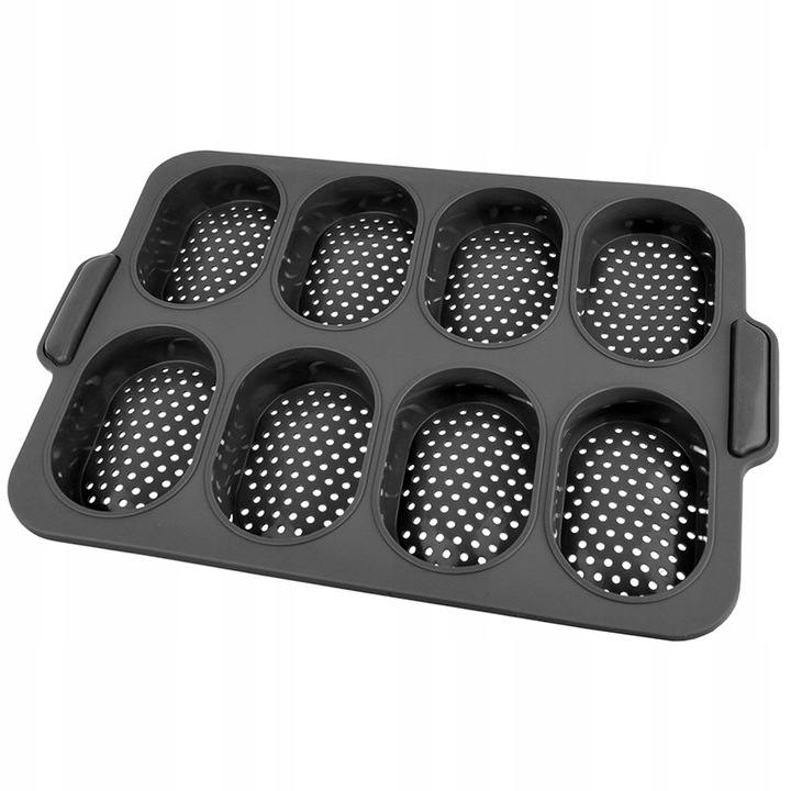 Forma din silicon cu manere pentru chifle, silicon, perforata, 8 compartimente, negru, 34x24cm