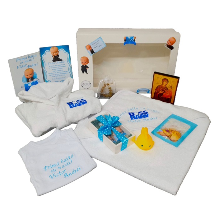 Set Baita Astryd Angels Events, Prosop cu capison, Halat, Body, Alb, pentru Baieti