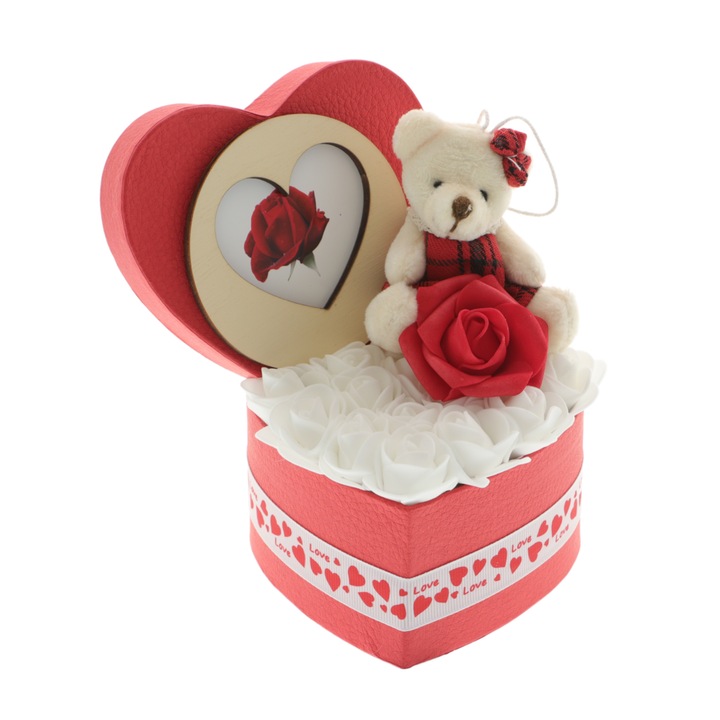 Ursuleț cu trandafiri, giftexpress, cutie inimă, 15cm, cadou personalizat pentru iubită
