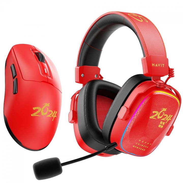 Gamer fejhallgató és egér szett, Havit H2039BG, fekete és piros, Bluetooth 5.1, RGB világítás, 1,6 m kábel
