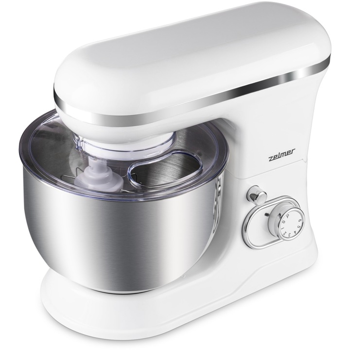 Планетарен миксер Zelmer ZKR1350, 1200 W, 6 скорости, Функция Smartmix, Пулс, 5 л купа от неръждаема стомана, Смесване, Месене, Аксесоари за пасиране, Пластмасов корпус, Бял
