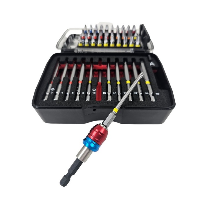 Set de biti 1/4" 53 elemente ROOKS, cu prindere mecanico-magnetica, dimensiuni 25x75mm, diverse tipuri.