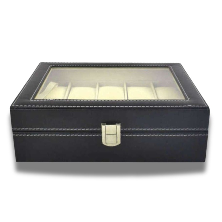 Cutie ceasuri 10 compartimente, interior catifelat, negru, 20.3x25.3 x 8 cm