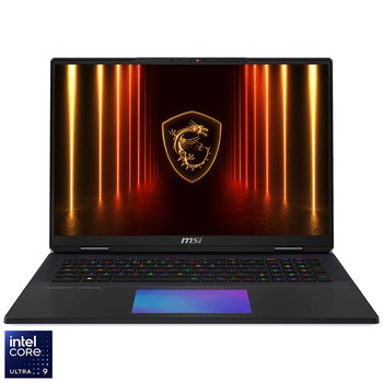 Laptop Gaming MSI Titan 18 HX AI A2XWJG cu procesor Intel Core Ultra 9 285HX pana la 5.5GHz, 18'', UHD+, IPS, 120Hz, Mini LED, 64GB DDR5 RAM, 2TBx1 SSD + 2TBx2 SSD, NVIDIA GeForce RTX 5090 24GB GDDR7, Windows 11 Pro, Core Black