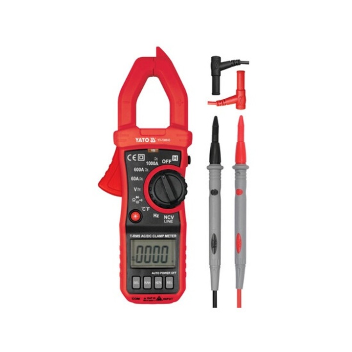 Clampmetru, Yato, TRUE RMS AC/DC, 10mA - 1000A, LCD, rosu/negru