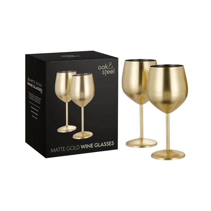 Set 2 pahare pentru vin Oak & Steel din otel inoxidabil aurii mat 500 ml