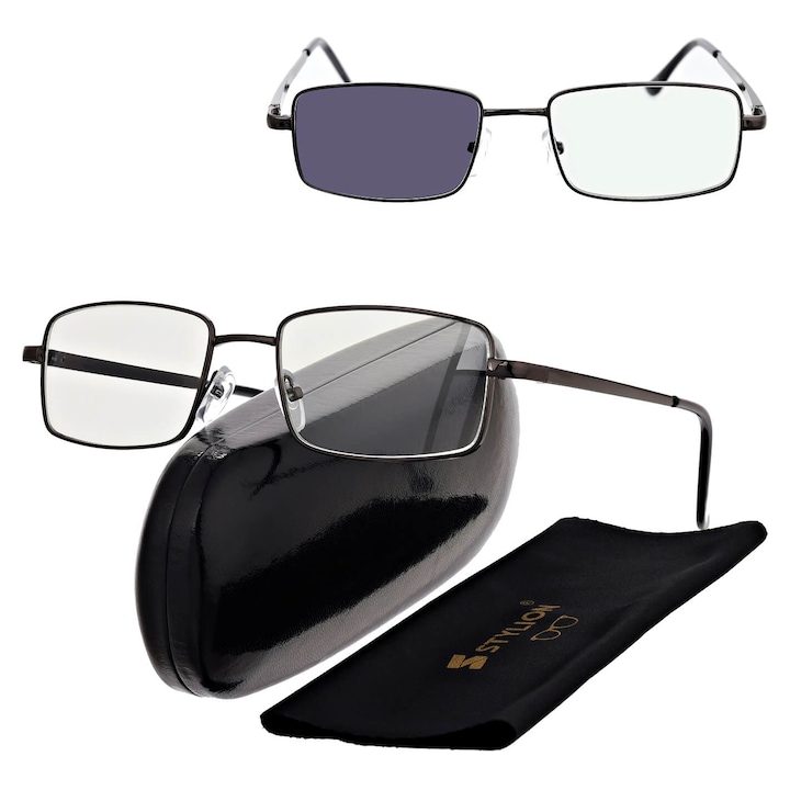 Ochelari de citit fotochromatici ST342, cu rame din otel inoxidabil, negru, +0.50 dioptrii, set cu etui si stergator, stylion