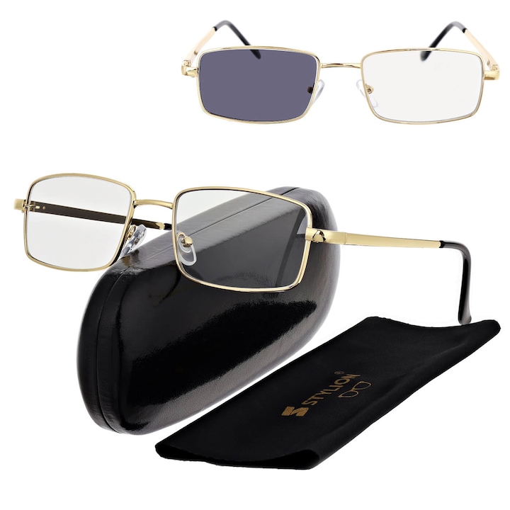 Ochelari de citit fotochromatici ST342B, cu flexuri, +2.50, aurii, set cu etui si stergator de lentile