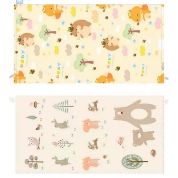 Двустранна термична детска подложка за игра, Flippy, модел на таралеж и мече, с пяна, водоустойчива, неплъзгаща се, 200 cm x 180 cm x 0,8 cm