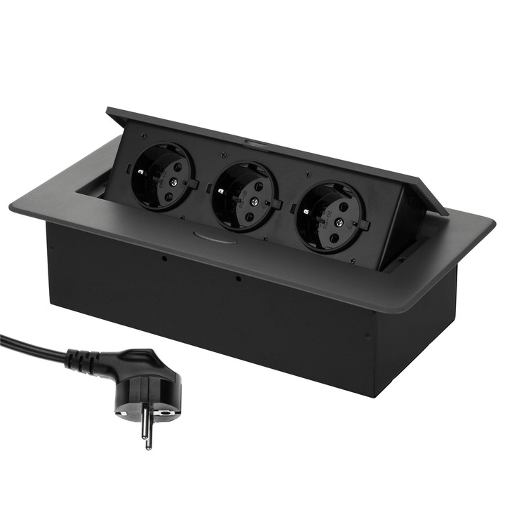 Priza Incastrabila, Welsmar, pentru Blat Bucatarie, Masa sau Birou, 3 Prize, 230VAC/50Hz EU, Carcasa Aluminiu, 26.5 x 12 x 7 cm, Lungime Cablu 1.9 m, Negru