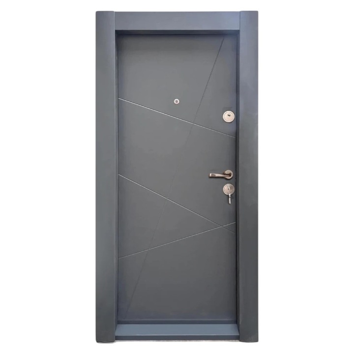 Usa metalica de apartament cu izolatie si vizor Novo Doors First Class NDS15, Cu toc imbracat si folie PVC, Deschidere Stanga, Dimensiune 200X88 cm, Tabla 12 mm, Kit complet, Gri antracit