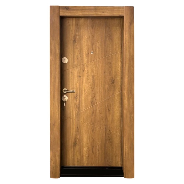 Usa metalica de apartament cu izolatie si vizor Novo Doors First Class NDS16, Cu toc imbracat si folie PVC, Deschidere Dreapta, Dimensiune 200X88 cm, Tabla 12 mm, Kit complet, Stejar deschis natur