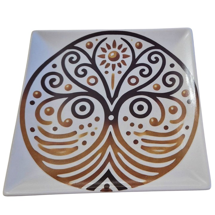 Farfurie desert patrata mica, portelan alb, imprimata prin ardere la cuptor, motiv traditional romanesc " Floarea Vietii", 18 x 18 cm