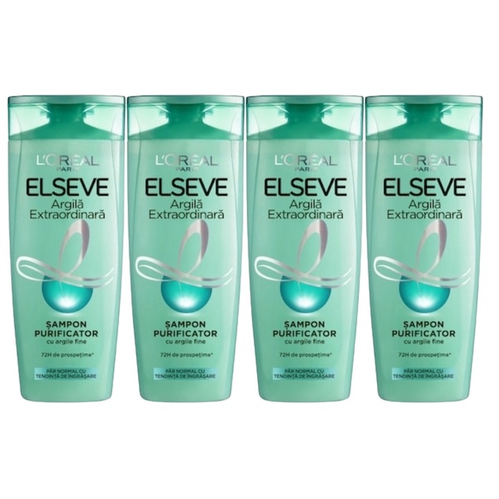 Комплект от 4 х Loreal Elseve шампоан 400 ml Extraordinary Clay, дерматологично тестван, дълготрайна свежест, деликатен за скалпа, нетоксичен, екологичен, блестящ външен вид, предотвратява дразнене на кожата, балансирано pH, ултра-нежно почистване