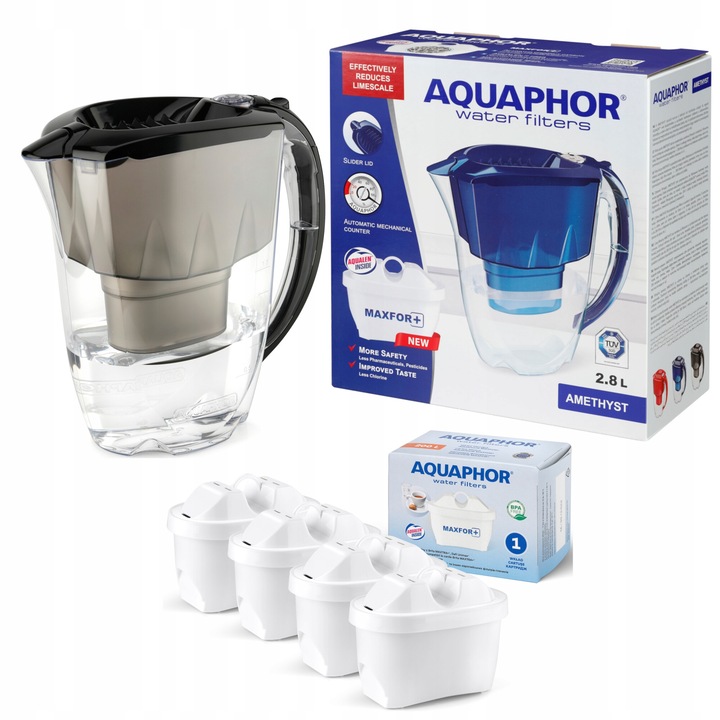 Cana filtranta Aquaphor Amethyst 2, 8 l ulcior cu filtru + 4 cartuse, negru