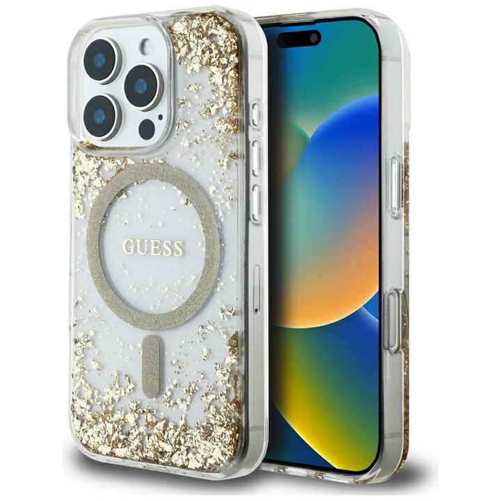 Премиум калъф за iPhone 16 Pro, съвместим с MagSafe Guess Luxury Series - златен