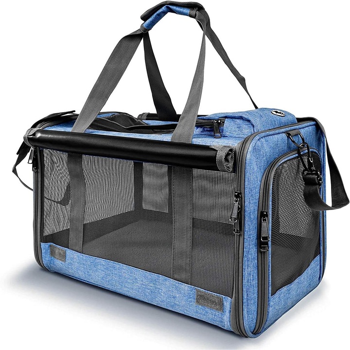Geanta pentru transport animale mici NextWave®, pisica, caine, iepure, din panza, 46x30x30, Baza rezistenta cu covoras, Usor de transportat, Plasa respirabila, Albastru