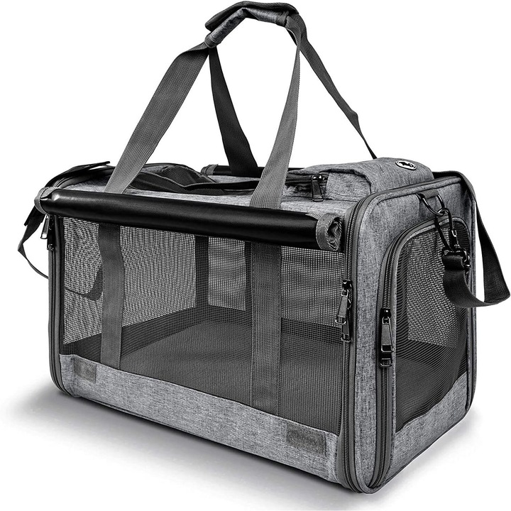 Geanta pentru transport animale mici NextWave®, pisica, caine, iepure, din panza, 46x30x30, Baza rezistenta cu covoras, Usor de transportat, Plasa respirabila, Gri