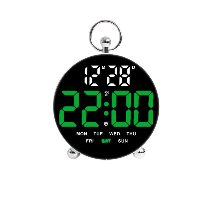 Ceas Digital de Masa si Perete 11x15cm Verde cu Calendar, Termometru, Alarma, Snooze si Activare Vocala – Luminozitate Ajustabila