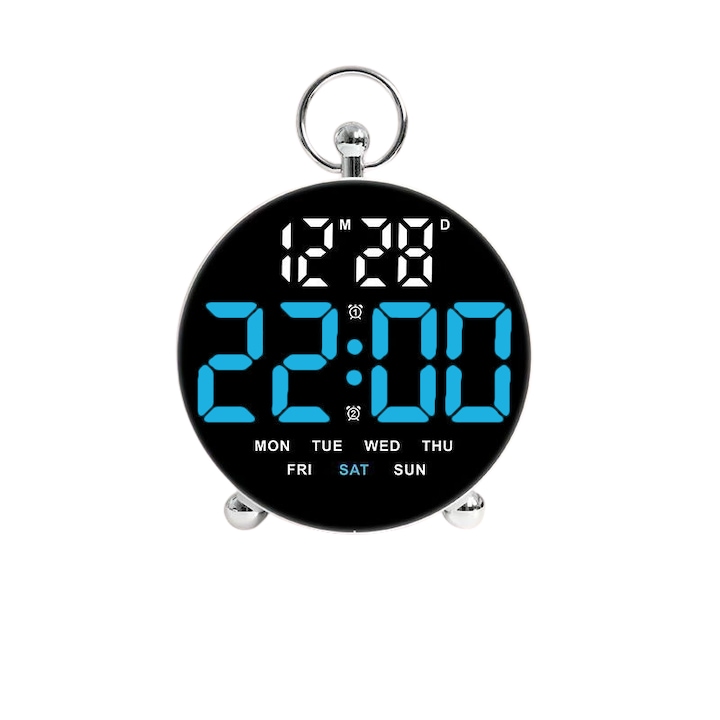 Ceas Digital de Masa si Perete 11x15cm cu Calendar, Termometru, Alarma si Snooze, Activare Vocala, Luminozitate Ajustabila – Culoare Albastra