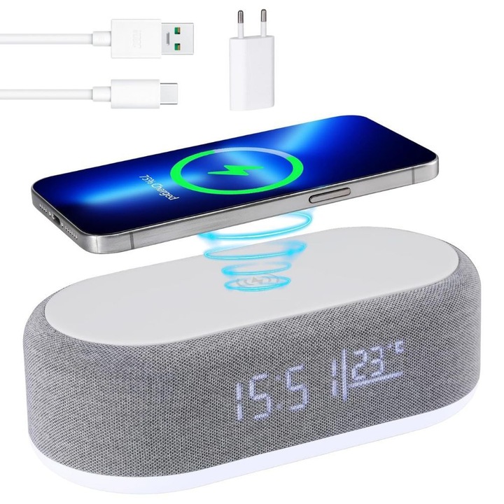 Ceas 6 in 1 Decorativ Digital Multifunctional Binovation® cu Boxa Bluetooth, Alarma Electrica, Temperatura, Incarcare Wireless si Lumina Nocturna, pentru Noptiera, Birou, Dormitor, cu Lumini reglabile in 9 Culori, Alb/Gri