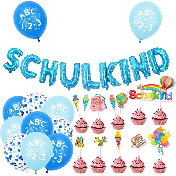 Set Decoratiuni Prima Zi de Scoala pentru Baieti – Banner Albastru, Baloane multicolor si ABC, Decor Tort