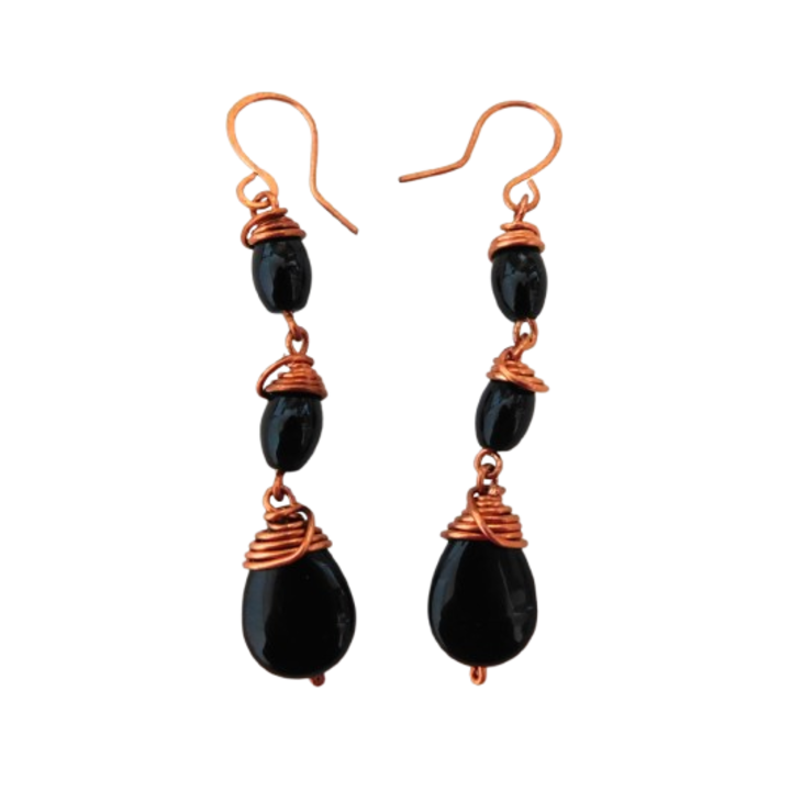 Cercei din cupru cu agate negre cu "palarie", 6 cm