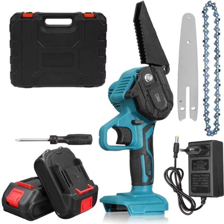 Mini Drujba SIKS Mini Fierastrau Electric, Portabil, De 8 inch, 2 Acumulatori 48V Li-ion, 1500 mAh, 2 Lanturi De 8 inch, Motor Brushless, Viteza Lant 5m/s, Incarcator, Valiza Depozitare Si Transport, Albastru/Negru