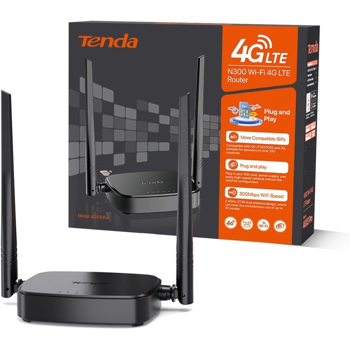 Безжичен рутер със SIM карта, 4G LTE, 300 Mbps 2.4 GHz, 2 DBI антени, с WAN/LAN порт, WAN/4G режим на рутер, Plug & Play, многофункционален