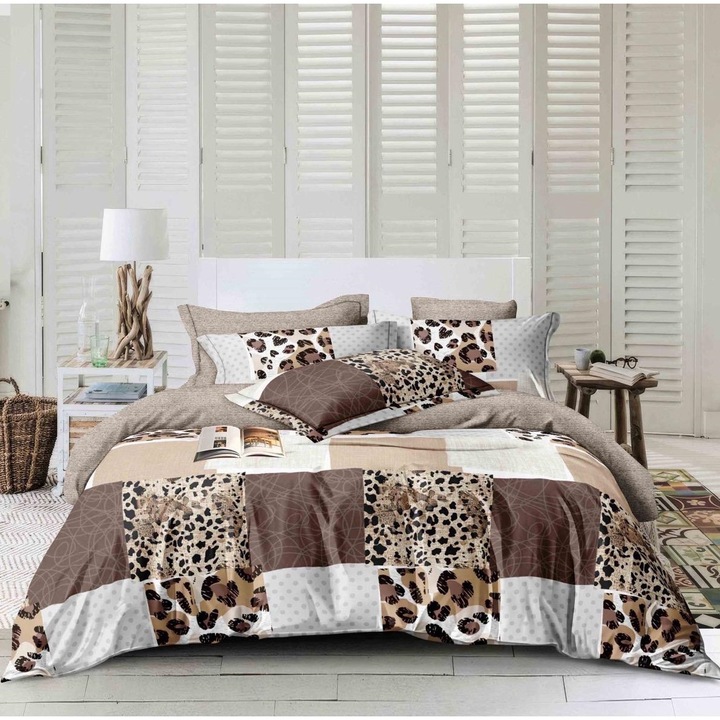 Set Lenjerie CHIRASO, FINET, pentru pat dublu, 6 piese, Cearceaf de pat 230 x 240 cm, Cearceaf pilota 200 x 230 cm, 2 fete perna 70 x 70 cm, 2 fete perna 55 x 80 cm, cu imprimeu animal print, maro-grej