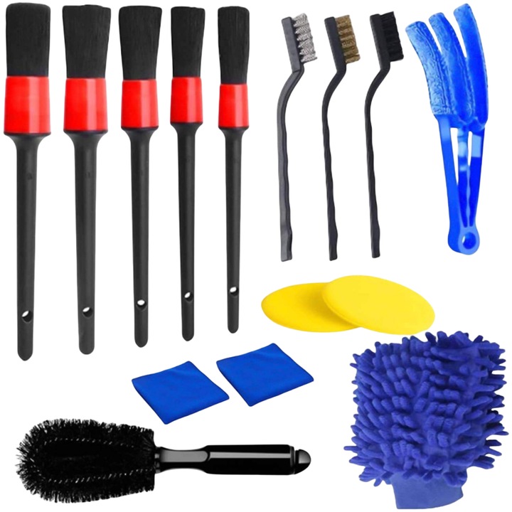 Set de perii de curatare auto, 15 piese, potrivite pentru interior si exterior auto, design ergonomic, rezistent la uzura, compact si portabil