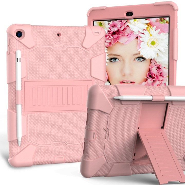 Husa blindata pentru iPad 8 de 10,2 inchi, cu suport si spatiu pentru Stylus, roz