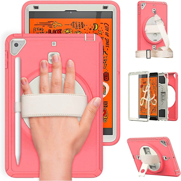 Калъф за iPad Mini 4/5 7.9", със стойка и презрамка, розов