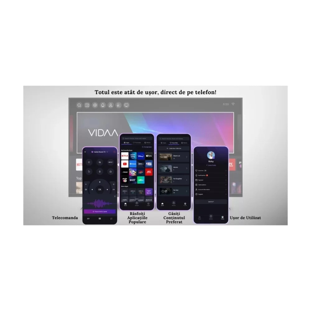 Televizor Smart SCHNEIDER Ultra HD 4K 43SC691K de 109 cm, Sistem VIDAA OS, Wi-Fi, Netflix, YouTube, Prime Video, Disney Plus, Audio Dolby, Negru, Clasa E