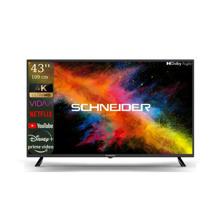 Smart TV SCHNEIDER Ultra HD 4K 43SC691K, 109 cm, VIDAA OS rendszer, Wi-Fi, Netflix, YouTube, Prime Video, Disney Plus, Dolby Audio, fekete, E osztály