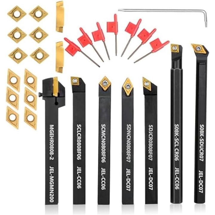 Set cutite de strung cu 14 placute amovibile, 7 buc bara de alezat de 8 mm, accesorii de strunjit cu insertii de carbura si chei T8