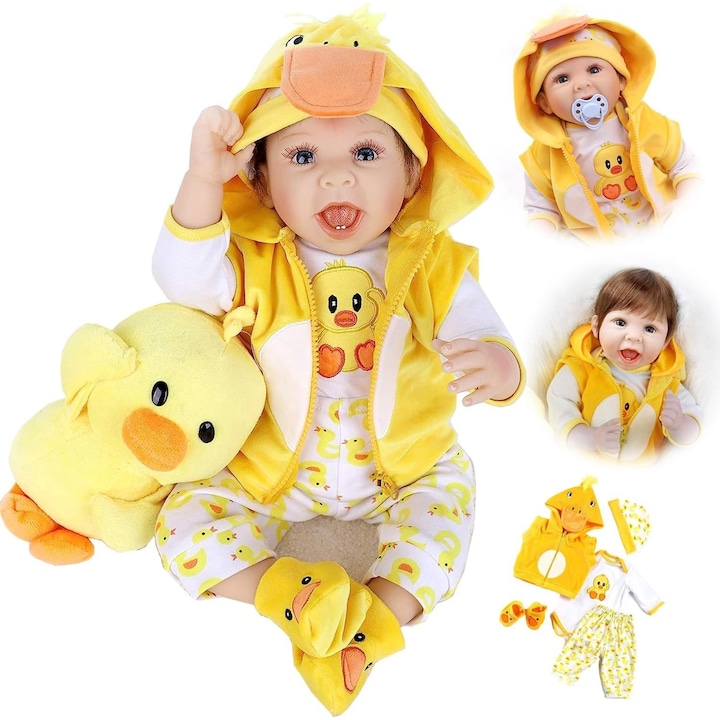 Кукла Reborn, Силикон/Винил, магнитна уста с играчка и аксесоари, 55 см, ZIYIUI, жълта