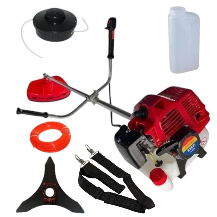 Motocoasa de tuns gazon iarba pe benzina, Red Star Campion, 8.5 MAX CP, 52 CC, motor 2 timpi, diametru taiere 25.4 cm, contine: ham clasic + mosor + disc taiere 3 Taisuri Japan